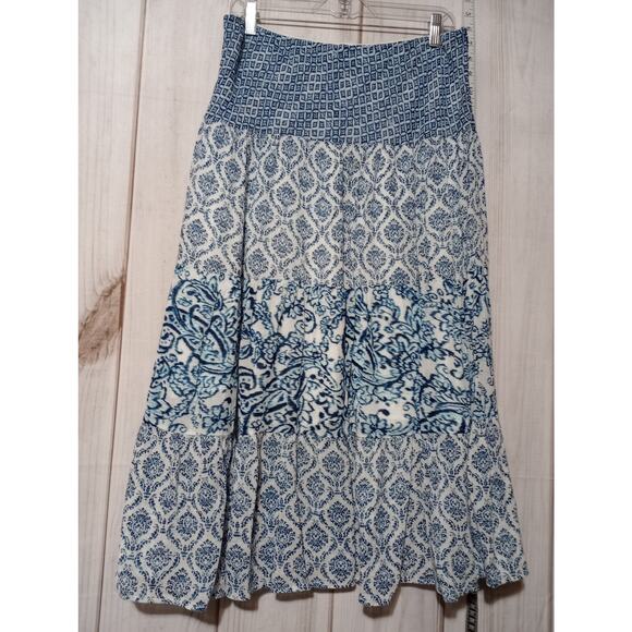 Chaps Skirt Womens Medium Blue White Boho Floral Print Tiered Midi Cotton - Picture 1 of 6